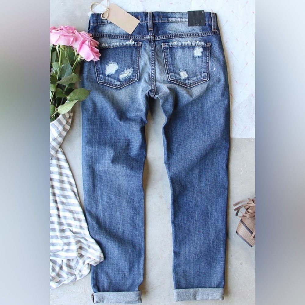 Sequin Star Patriotic Patch Distressed Denim Jeans - Picture 2 of 4